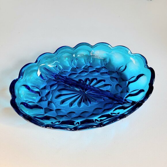 Vintage blue glass divided bowl. - Picture 2 of 6